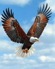Obraz premium Majestic bald eagle soaring through the sky. Detailed illustration of powerful bird in flight