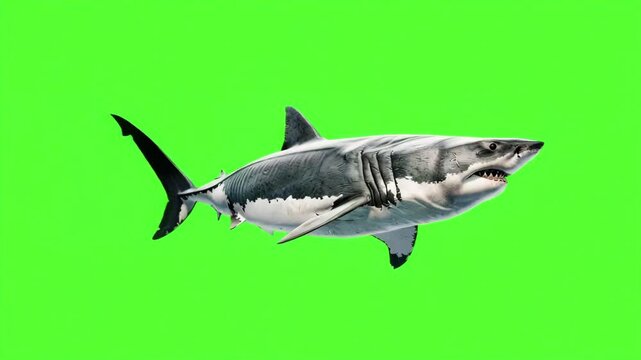 A great white shark swimming on green screen background