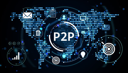 P2P financial technology network interface over global digital world map with neon blue business and fintech icons on a dark virtual background. 3D Rendering