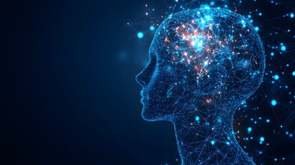 Abstract wireframe head representing AI, neural networks, and data processing. Glowing nodes highlight brain activity, set against a dark blue gradient. Abstract dark blue wireframe