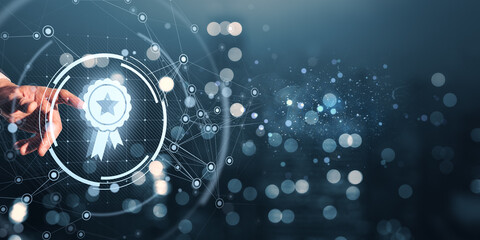 Business person touching digital quality certification badge icon on futuristic interface with abstract network lines and blurred blue background.