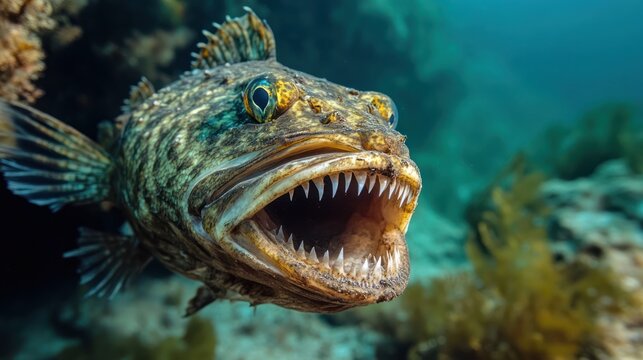 Menacing toadfish portrait showcasing its prominent teeth and underwater habitat