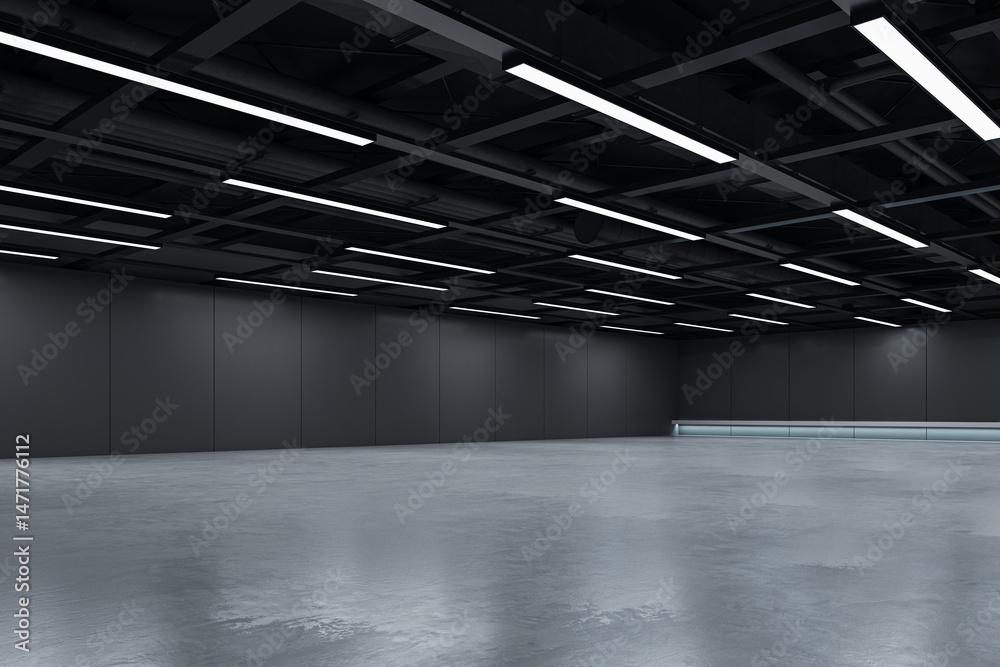 Poster dark modern empty room interior with ceiling lights and concrete floor suitable for branding, design