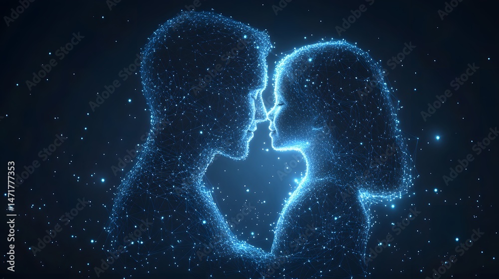 Poster digital love in the age of connectivity. outlines glow in the dark space, illustrating an intimate c
