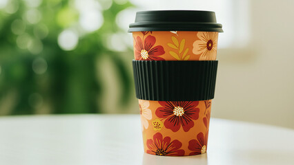 Fototapeta premium Floral Print Reusable Coffee Travel Mug with Lid and Silicone Sleeve
