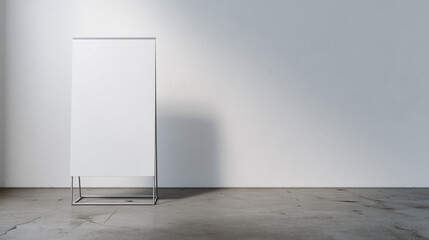 white blank vertical poster mockup displayed on metal stand banner, indoor studio setting, seamless background