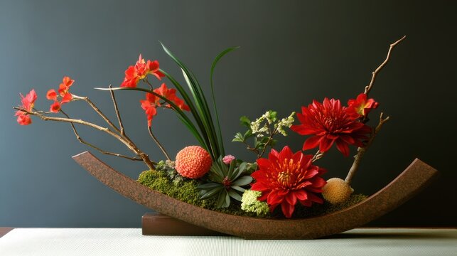 Elegant floral arrangement featuring vibrant red blooms in a sculptural container