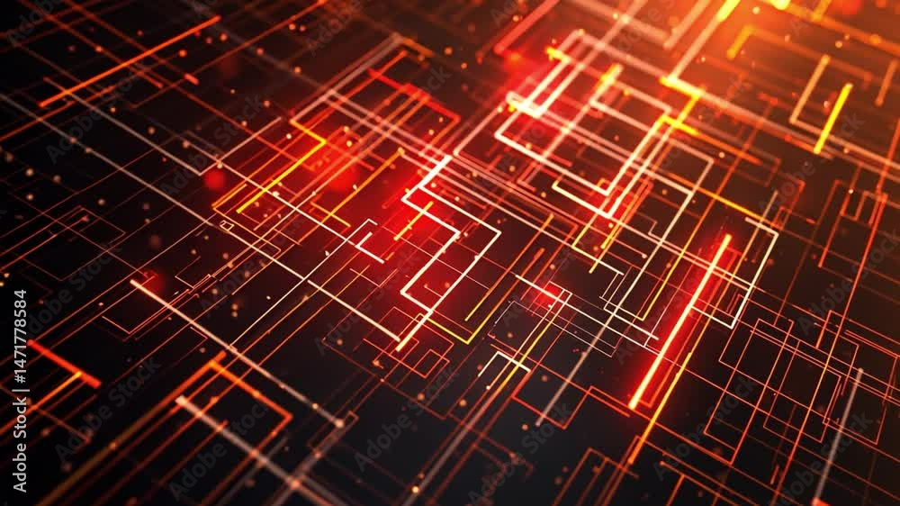 Poster abstract digital background with glowing lines and geometric patterns in red and orange, creating dy