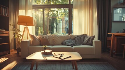 Sunlit modern living room with inviting ambiance for relaxation and leisure