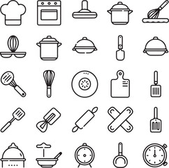 A modern, minimalistic cooking icon set in black and white line art style, displayed on a clean white background.
