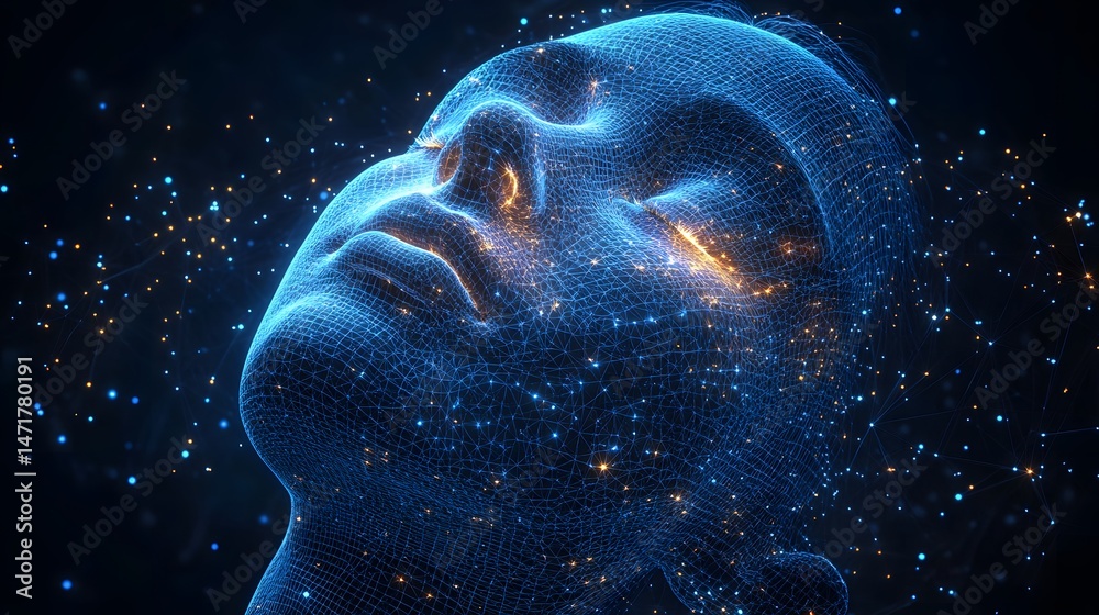 Poster futuristic visualization of a human head in wireframe, bathed in a dynamic interplay of blue and ora