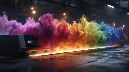 Vibrant Rainbow Ink Clouds Emerging from a Large Format Printer