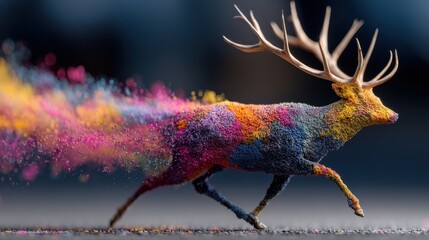 Obraz premium Colorful Deer Running Through a Powdery Trail Vibrant Artistic Image