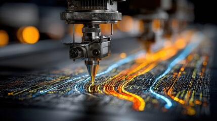 Advanced Textile Machinery Creating Vibrant Designs High Tech Fabric Production Close Up