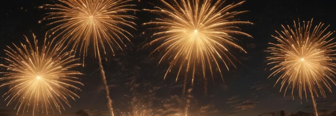 Naklejka premium Golden fireworks explode, illuminating night sky, radiant, celebratory