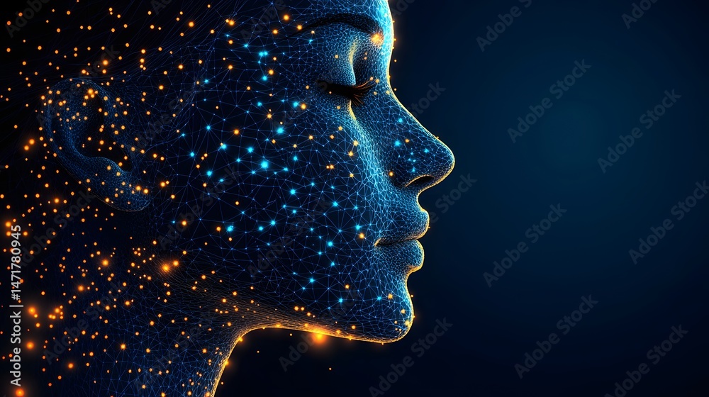 Poster Futuristic digital face made of glowing lines and points, set against a dark blue background. A modern avatar representing human identity in the digital age. Abstract dark blue wireframe.