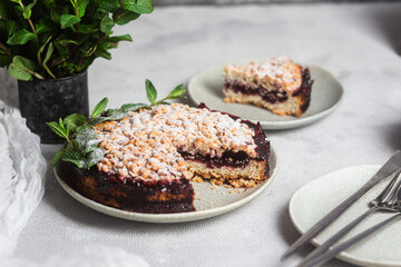 Round Pie with black currants and mint in a plate on the table. Dessert