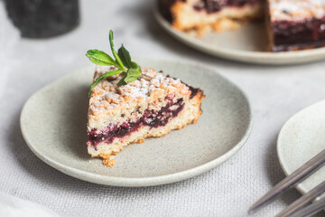 Round Pie with black currants and mint in a plate on the table. Dessert