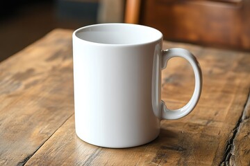 White coffee mug in morning sunlight on rustic wooden table, warm and peaceful mood