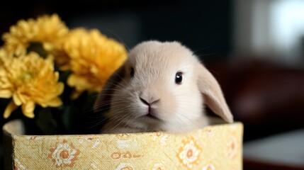 Adorable Baby Lop Eared Bunny Nestled in Oversized Floral Box Surrounded by Bright Yellow Flowers