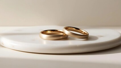 Pair of Simple Gold Wedding Bands on Smooth White Marble Surface with Soft Natural Lighting and Plain Beige Background in Elegant Timeless Composition
