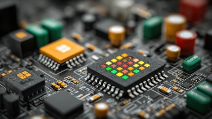 Obraz premium Close up view of a circuit board with colorful microchip sensor technology