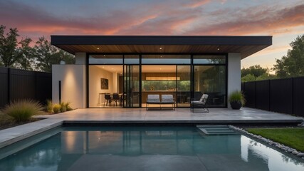 Fototapeta premium Stylish modern house with front porch and pool featuring a sleek and minimalist design surrounded by lush landscaping in a suburban community
