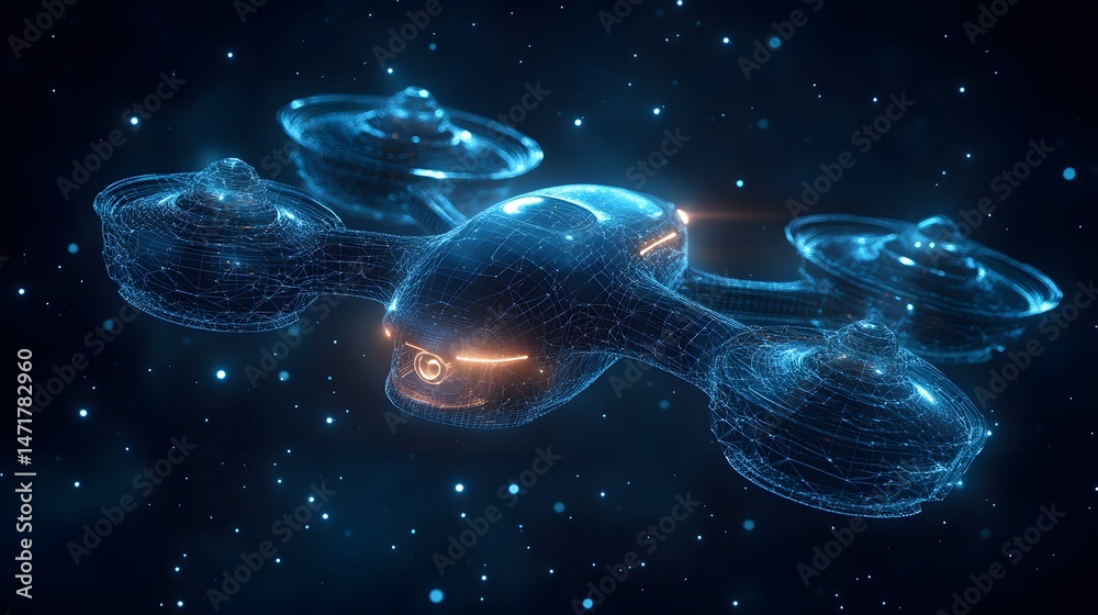 Poster futuristic drone concept rendered with a blue wireframe grid, set against a starry backdrop. orange 