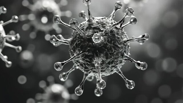 Microscopic view of virus particles with water droplets, representing pathogenicity and transmission.
