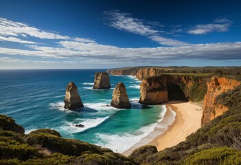 Obraz premium There are two large cliffs on the beach near the ocean