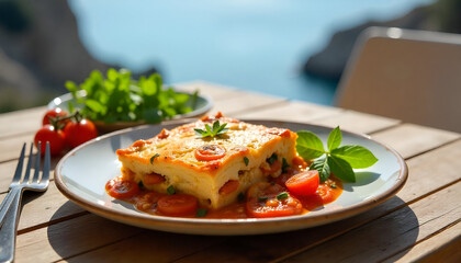 Traditional greek moussaka dish served with a side salad of parsley and cherry tomatoes in greece restaurant 