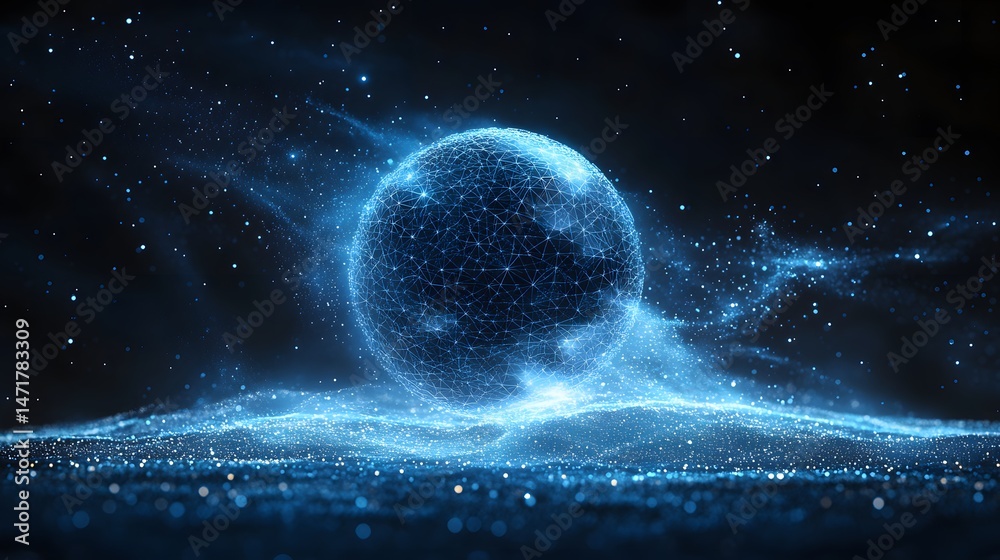 Fototapete futuristic digital art showcasing a vibrant blue wireframe sphere above a dynamic particle field. ev