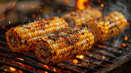 Delicious grilled corn on the cob roasting over flames, perfect summer barbecue food recipe