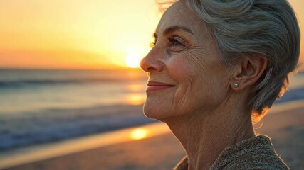 Smiling woman gazing at sunset with ocean and beach behind her