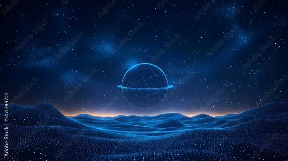 Aufkleber digital landscape featuring blue grid hills under a starlit sky. a wireframe planet with a ring adds