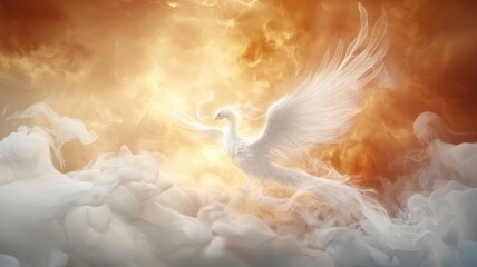 White Ethereal Phoenix Soaring Through Golden Clouds phoenix ethereal white soaring clouds bird gold