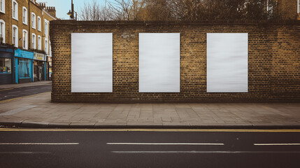 3 Vertical white blank poster mockup pasted on clean city brick wall, urban environment,