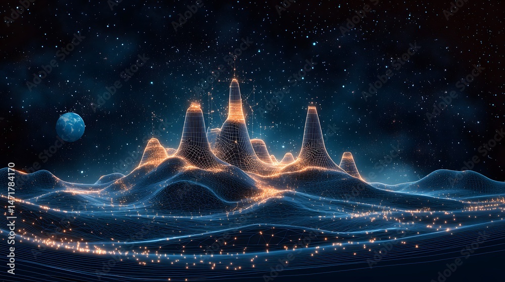Poster a stunning digital landscape unfolds beneath a starry sky, featuring a wireframe structure illuminat