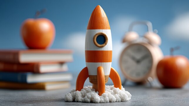 Colorful toy rocket launching on a cloud of cotton, with books and an alarm clock in the background