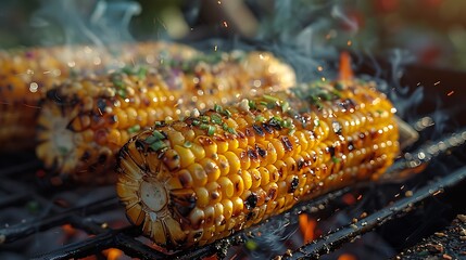 Delicious grilled corn on the cob, perfectly charred and seasoned with herbs, sizzling on a barbecue grill.