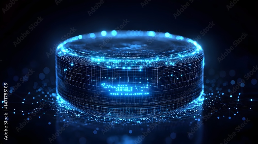 Leinwandbilder Futuristic tech display featuring a glowing blue cylindrical object and energy particles. Data visualization and innovation concept. Perfect for illustrating advanced tech. Abstract blue wireframe