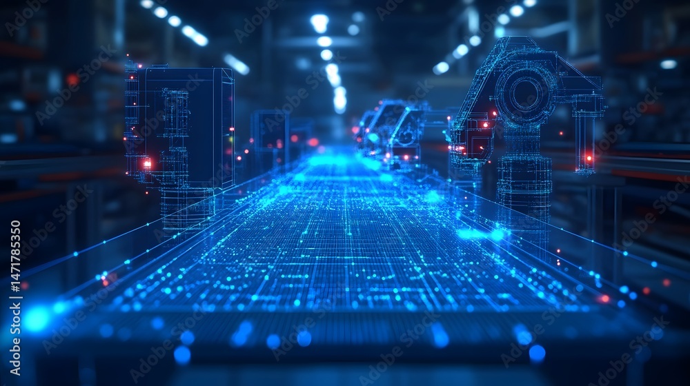 Poster futuristic industrial scene with glowing blue automated assembly. a high-tech, digitally controlled 