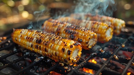 Delicious grilled corn on the cob grilling on a barbecue grill outdoors summertime food