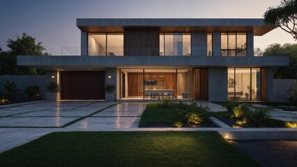 Obraz premium Captivating modern geometric box-style home design at dusk with warm lighting creating an inviting atmosphere and stunning architectural features