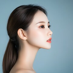 Fototapeta premium Beautiful Woman Profile Portrait, Asian Model, Clean Skin, Makeup, Soft Lighting, Elegant