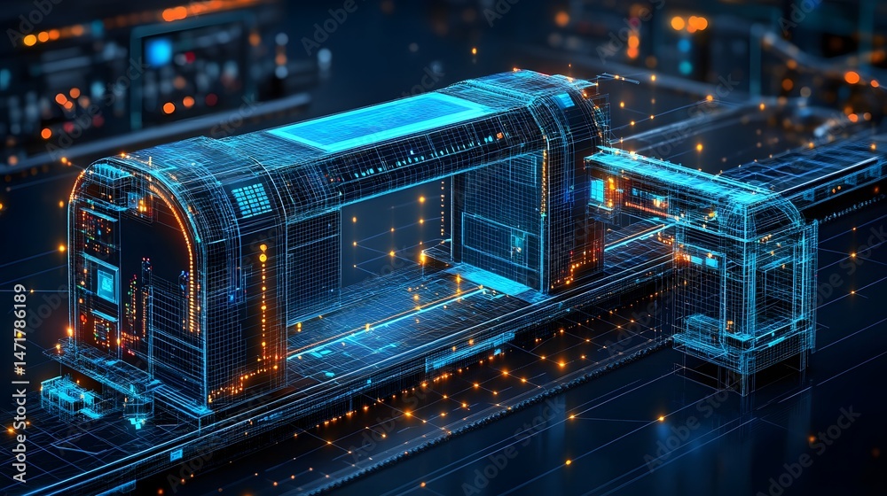 Poster futuristic high-speed train visualized in blue wireframe. sleek design enhanced by orange accents an