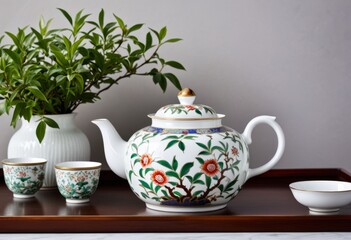 The tray has a teapot and cup with plants on it