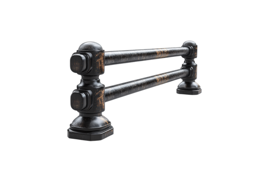 Vintage-style double rail barrier with cylindrical black supports, often seen in urban or roadside settings, isolated on a transparent background
