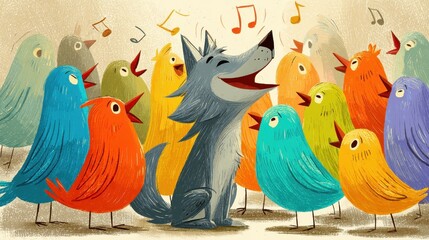 Animated animals joyfully singing together in a chorus.