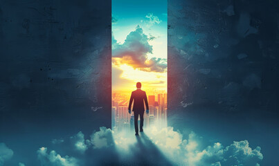 Fototapeta premium Businessman Walking Towards His Ambition at Sunrise, Concept of Success and High Aspirations, Silhouette in Vibrant Sky, Hopeful and Determined, Motivational and Inspirational